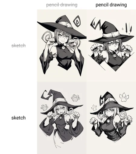 score_9, score_8_up,score_7_up, source_anime, seblair, witch hat, black dress, detached sleeves, black thighhighs, paw pose, :3, monochrome, upper body,
<lora:Potat-pencil_drawing_sketch_v1-USENEG:-1> ,
<lora:souleater_blair_ponyXL:0.8>