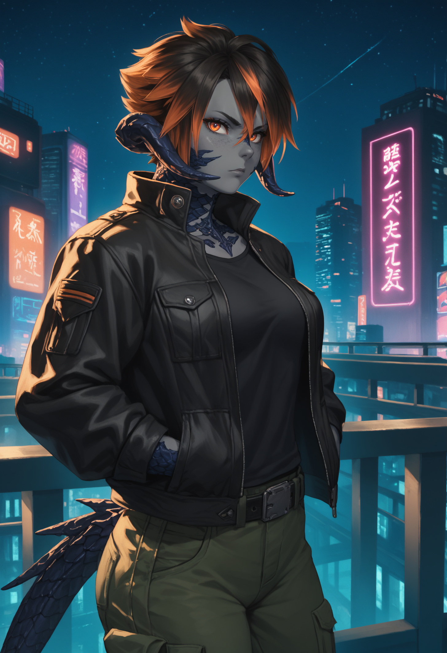 score_9, score_8_up, score_7_up, 1girl, Kyarine, dragon girl, grey skin, horns, ringed eyes, freckles, scales, short hair, streaked hair, two-tone hair, black hair, spiked tail, medium breasts, grey nails, muscular female,
leather jacket, dark brown jacket, closed jacket, high collar, black shirt, belt buckle, cargo pants, dark green pants,
looking at viewer, serious, hands in pockets, against railing,
outdoors, cyberpunk city, neon lights, neon sign, skyscraper, science fiction, sci-fi, futuristic, dark, night sky, starry sky, side view,
<lora:Kyarine-Cath-PDXL_V2-Manityro-CAME:1.0>,