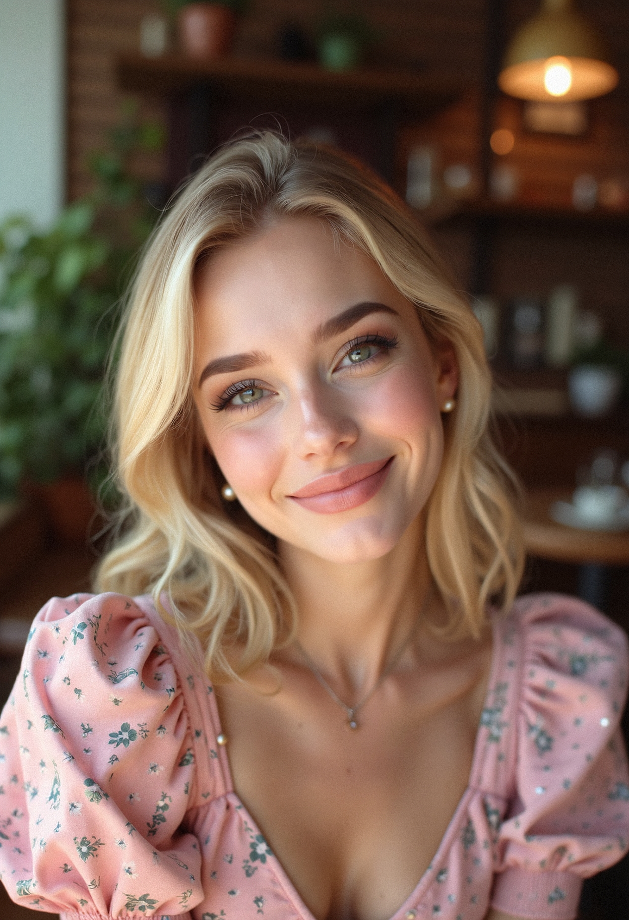 hyper-detailed,
A close-up portrait of a blonde woman with light, natural makeup, her soft smile radiating warmth. Her pink floral dress with puffed sleeves frames her face elegantly, while her pearl earrings add a touch of sophistication. The blurred background features hints of greenery and warm wood tones, creating a relaxed café atmosphere. Hyperrealistic focus highlights the texture of her dress, the gentle reflections in her eyes, and the natural radiance of her skin.
 <lora:realism_lora_comfy_flux_converted:0.4> <lora:MoriiMee_Gothic_Niji_Style_FLUX:0.6>