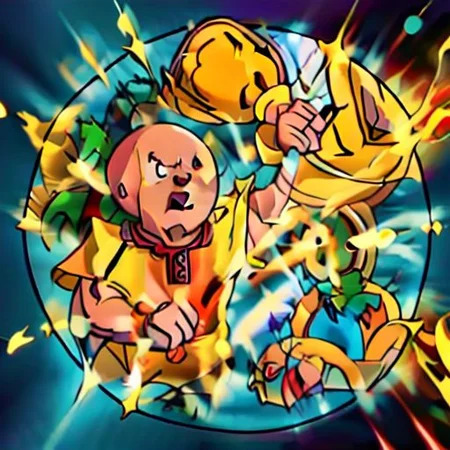stretch, Sharp image, 4k, 8k, Detailed and Intricate, Cinematic, Dynamic Lighting, 
OverallDetail, Caillou with red glowing eyes, angry expression, male, aura of light around, caillou punching goku, aura,