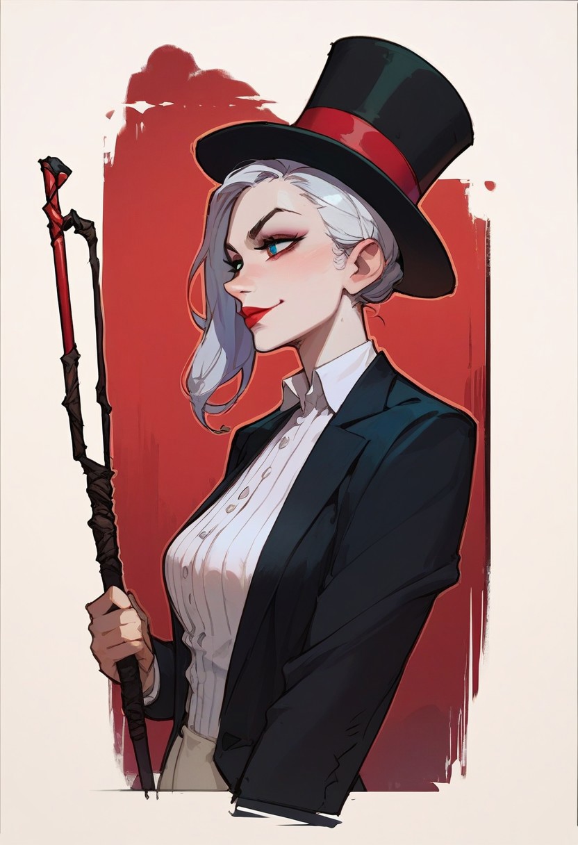 score_9, score_8_up,  score_8_up, 1woman, villain, smirk, pale skin, white skin, red lips, tall body, top-hat, black blazer,  cane, simple shadows, flat coloring, flat shadows, thick lines, white outline,