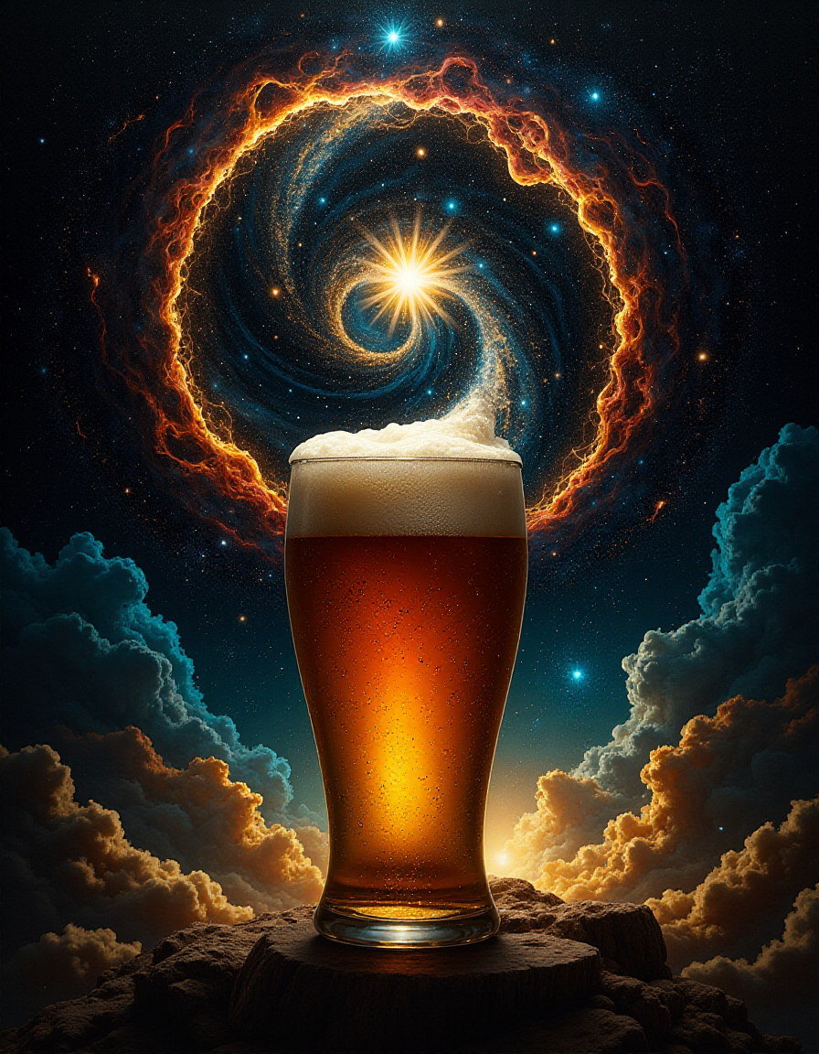a painting of a star cluster in the sky with a lot of stars in the center of the image, Anato Finnstark, cosmic horror, an airbrush painting, space art, cosmic clouds, galaxies, black holes, stars, the star cluster and cosmic clouds form a beer glass with this inside: British Golden Ale: Straw to golden. Good to brilliant clarity. Low to moderate white head, Pint glass, nonic pint glass, or Pilsner glass. , that looks into the image, highly detailed, DSLR, raw, Panasonic Lumix GH4, f1.2, 50mm, cinematic lighting  <lora:fluxenhancer:1>, black, white, red color-scheme,