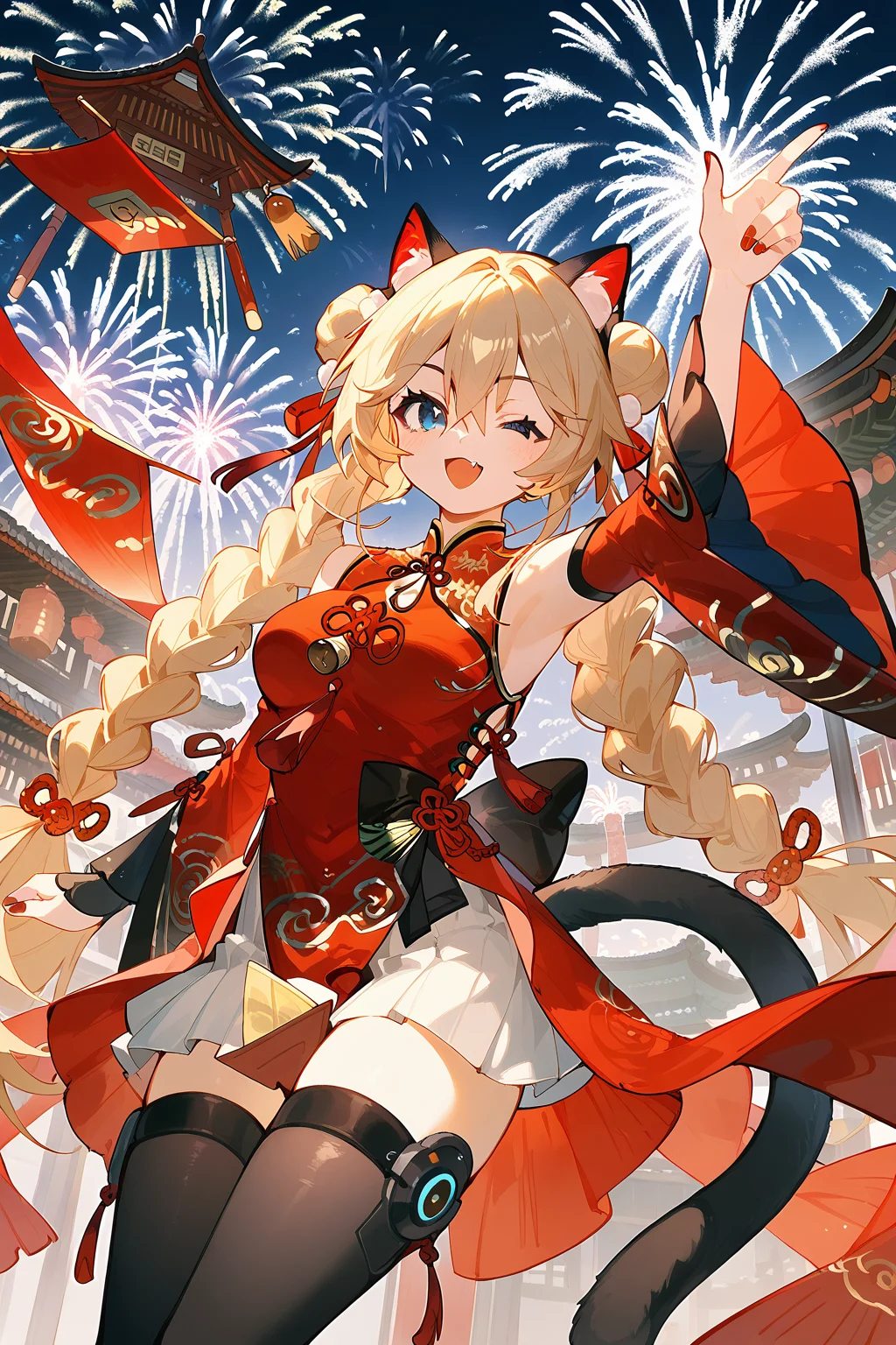(score_9,score_8_up,score_7_up),<lora:Michele(kalabiqiu)-v1:1>,Michele(kalabiqiu),1girl,fireworks,animal ears,one eye closed,long hair,braid,breasts,blonde hair,cat ears,tail,blue eyes,armpits,smile,solo,double bun,looking at viewer,detached sleeves,hair bun,twin braids,open mouth,cat tail,red nails,nail polish,chinese new year,very long hair,dress,fang,skirt,;d,chinese clothes,clothing cutout,bangs,arm up,night,robot,pleated skirt,medium breasts,hair between eyes,thighhighs,aerial fireworks,white skirt,
good feet,anime,NSFW,expressive,amazing quality,ultra hd 32k,