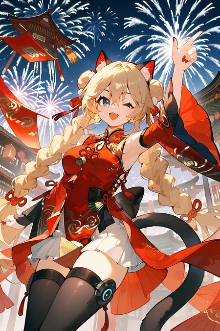 (score_9,score_8_up,score_7_up),<lora:Michele(kalabiqiu)-v1:1>,Michele(kalabiqiu),1girl,fireworks,animal ears,one eye closed,long hair,braid,breasts,blonde hair,cat ears,tail,blue eyes,armpits,smile,solo,double bun,looking at viewer,detached sleeves,hair bun,twin braids,open mouth,cat tail,red nails,nail polish,chinese new year,very long hair,dress,fang,skirt,;d,chinese clothes,clothing cutout,bangs,arm up,night,robot,pleated skirt,medium breasts,hair between eyes,thighhighs,aerial fireworks,white skirt,
good feet,anime,NSFW,expressive,amazing quality,ultra hd 32k,