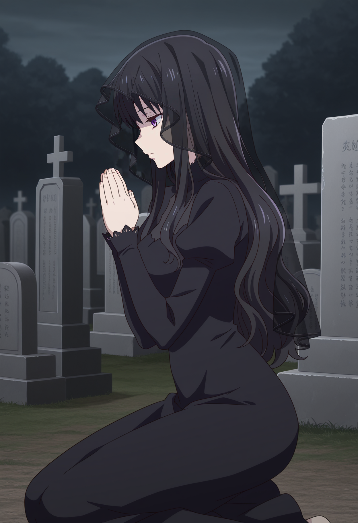 1girl,solo,mm,aged up,long hair,black hair,purple eyes,anime coloring,
black dress,veil,kneeling,praying,graveyard, from side
,masterpiece,best quality,amazing quality,<lora:Saki_Hanajima-Fruits_Basket_IL:0.8>