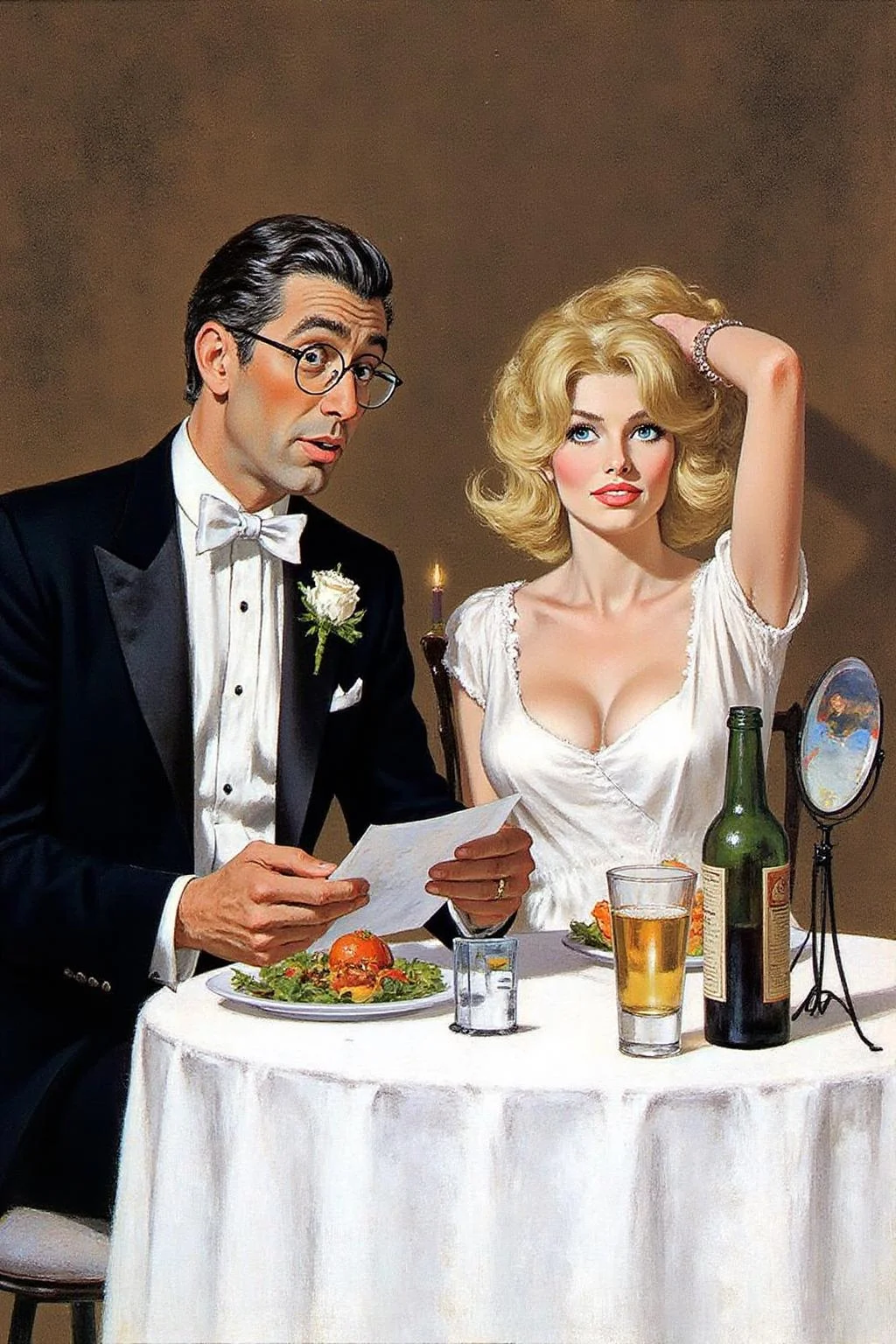robmc1 illustration.
kard1 illustration
A man and a woman seated at a table covered with a white tablecloth.
kard1 illustration, close up portrait of a couple at a restaurant.
The man, on the left, is dressed in a classic black tuxedo with a white bow tie and a white boutonniere on his lapel. He is wearing glasses and holding a piece of paper, looking surprised or confused. His hair is neatly styled. In front of him, there are various items on the table, including a bottle of beer, a plate with food, a glass, and a candle.
The blond woman is fixing her hair while looking at a handheld mirror.
<lora:robmc1_cap_d6a3e12:1.0><lora:820310522999209553:0>