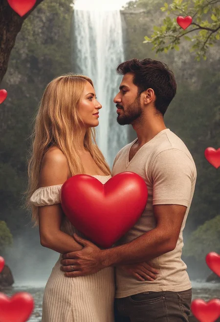 The image is a digital illustration of a young couple in a romantic embrace. The couple is standing close together, with the man holding a large red heart in his hands. The woman has long blonde hair and is wearing a white off-the-shoulder dress, while the man has dark hair and a beard. They are both looking up at each other with a loving expression on their faces. The background is filled with red hearts, creating a romantic and whimsical atmosphere. The overall mood of the image is one of love and affection. in front of a large waterfall and a forest.
