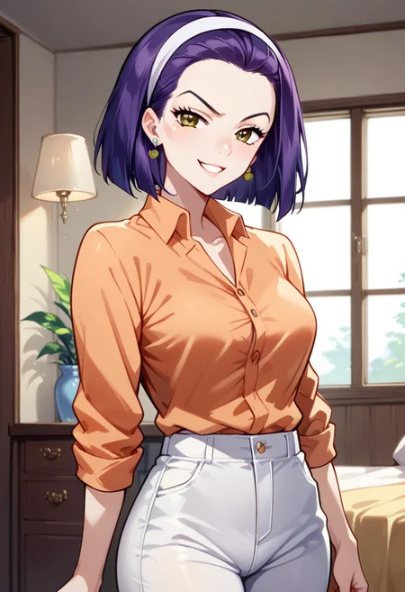 Expressiveh, score_9, score_8_up, score_7_up, source_anime, <lora:GreatM8_Style_XL_Pony_Revision:1>, greatm8 style, Tomoko Higashikata, earrings, 1girl, solo, smug, expressive eyes, brown eyes, purple hair, short hair, hair band, orange shirt, button-up shirt, white pants, perky breasts, fit body, (standing, sexy pose), (indoors, bedroom, dynamic lighting)