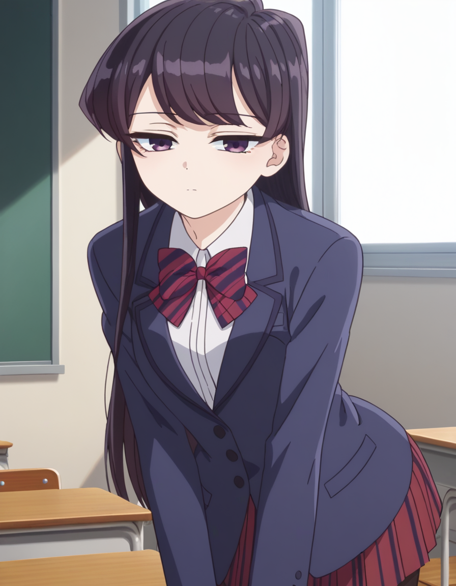score_9, score_8_up, score_7_up, source_anime,
shoukokomi, <lora:shouko-komi-s1s2-ponyxl-lora-nochekaiser:1>,
shouko komi, long hair, bangs, black hair, purple eyes, expressionless, half-closed eyes,
skirt, shirt, long sleeves, bow, school uniform, jacket, white shirt, pantyhose, pleated skirt, striped, collared shirt, bowtie, red skirt, blazer, blue jacket, striped bow, striped bowtie,
indoors, classroom, bent over,
looking at viewer, cowboy shot, dutch angle, solo,