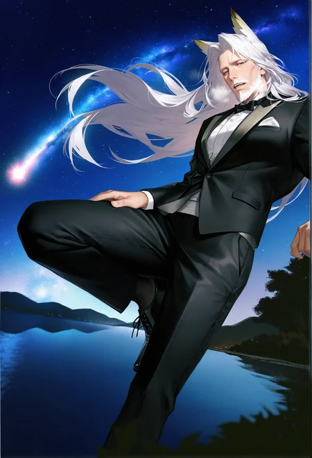 realistic shading,expressive face,looking at viewer,1boy,<lora:HLG5:0.5>,solo,black pants,tuxedo,
male focus,black pants,mature male,long hair,beard,white hair,animal ears,black footwear,old,old man,mature,manly,dynamic angle,masterpiece,best quality,intricately detailed illustration,amazing quality,very aesthetic,absurdres,newest,starry_sky,lake,leaning,heavy_breathing,moaning,slender_waist,jitome,Slightly_open_mouth,exhausted,endured_face,(delicate glow),(detail light),messy floating hair,Starry sky adorns hair,(Galaxy),depth of field,night,ink,no shadow,, score _9,score_8_up, score_7_up,source_anime,rating_explicit,