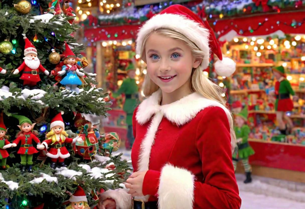 (((masterpiece))), ((Snowy Christmas scene in santas toy shop with beautiful blond haired girl facing the camera with iridescent blue eyes)), medium shot, background:snowy Christmas scene, ((Santas Elves Making Toys and christmas lights lit up around the toy shop)), (happy elves smiling and walking around toy shop enjoying the Christmas spirit), complex 3d render, intricate reflections, ultra-detailed, HDR, Hyperrealism, Panasonic Lumix s pro 50mm, 8K, octane rendering, raytracing, (((professional photography))), high definition, photorealism, hyper-realistic, bokeh, depth of field, dynamically backlit,  studio, vibrant details, ((professional Color grading)), photorealistic ,detailmaster2,photorealistic, sharp edges,  sharp focus <lora:locon_perfecteyes_v1_from_v1_64_32:1> <lora:more_details:1>