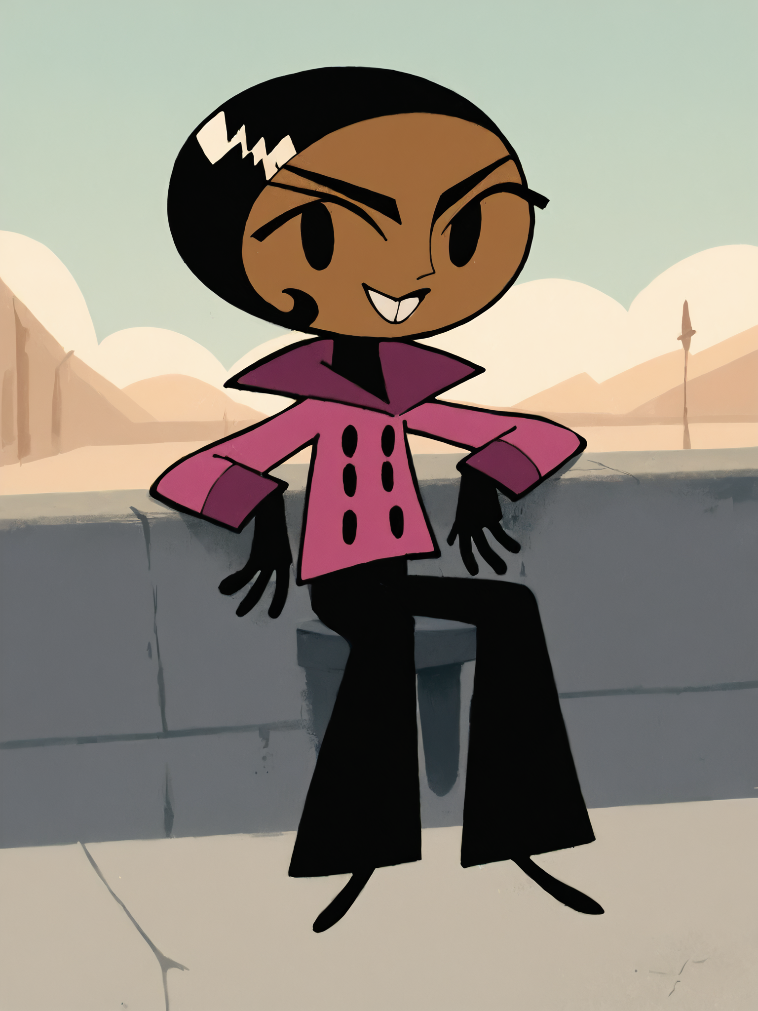 <lora:BritPony1.3:1> brit, solo, 1girl, black hair, short hair, dark-skinned female, black eyes, pink jacket, black pants,black,black gloves, buttons,black footwear,buck teeth,    score_9, score_8_up, score_7_up, score_6_up, score_5_up, score_4_up, smile, outdoors, looking at viewer,