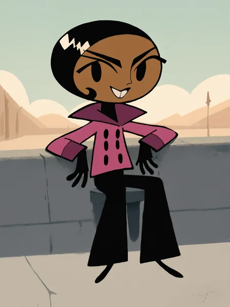 <lora:BritPony1.3:1> brit, solo, 1girl, black hair, short hair, dark-skinned female, black eyes, pink jacket, black pants,black,black gloves, buttons,black footwear,buck teeth, score_9, score_8_up, score_7_up, score_6_up, score_5_up, score_4_up, smile, outdoors, looking at viewer,