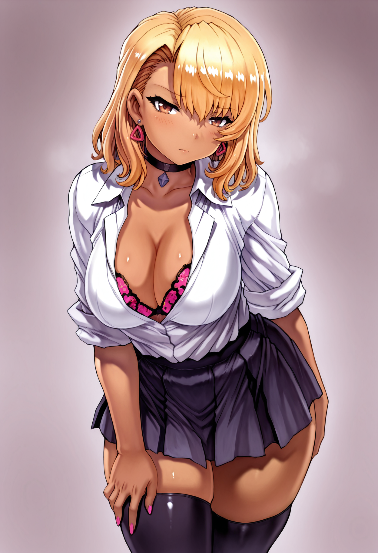 masterpiece, best quality,
 <lora:mogudan:1> M0gd4n, 1girl, solo,standing, looking at viewer, disdain,blonde hair, medium hair, gyaru, medium breasts,school uniform, skindentation, cleavage, skirt, thighhighs, choker, earrings, sleeves rolled up, underwear, bra,
