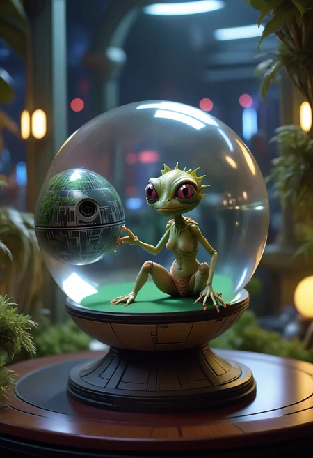jpeg artifacts,murloc,translucent textures,height of a small doll,city lights,Poker table,rubification,highly detailed styling,large breasts, (tan lines:1.3),close up, A glass sphere sculpture, concealed inside the sphere is a Scene from the movie Star Wars, Death Star,shrubbery,seductive milf,<lora:TemplesAndChurches:1> temple,<lora:Incase_PDXLV1:0.1>