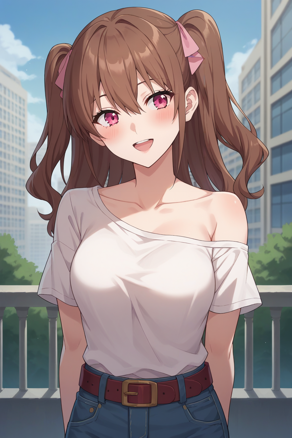 score_9, score_8_up, score_7_up, source_anime, 1girl, prefect lighting, very aesthetic, intricate details, highly detailed background, masterpiece, high quality, prefect hands, best quality, solo,
<lora:Mikari_Tachibana_2.5_Dimensional_Seduction_V1:.85>, KJOmikari, brown hair, pink eyes, two side up, hair between eyes,
jeans, off shoulder, white t-shirt, belt, short sleeves, bare shoulder, 
arms behind back, head tilt, blush, smile, open mouth, 
city, day, 
(Beautiful, medium Breasts:1.2), natural breasts,