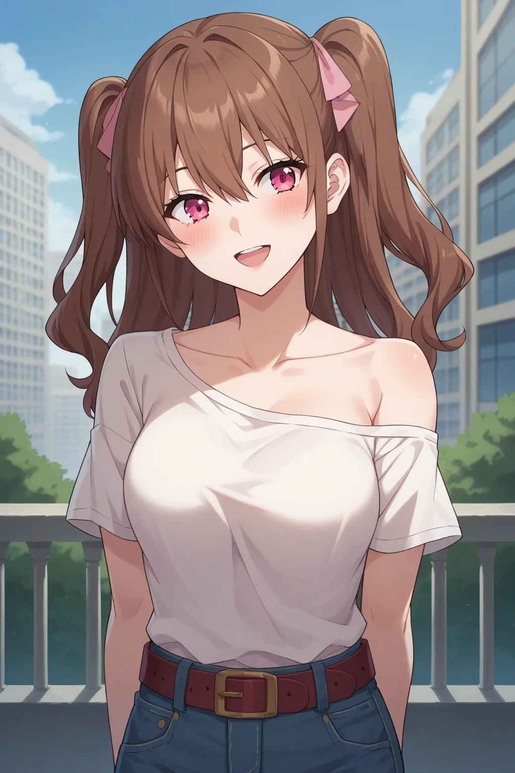 score_9, score_8_up, score_7_up, source_anime, 1girl, prefect lighting, very aesthetic, intricate details, highly detailed background, masterpiece, high quality, prefect hands, best quality, solo,
<lora:Mikari_Tachibana_2.5_Dimensional_Seduction_V1:.85>, KJOmikari, brown hair, pink eyes, two side up, hair between eyes,
jeans, off shoulder, white t-shirt, belt, short sleeves, bare shoulder,
arms behind back, head tilt, blush, smile, open mouth,
city, day,
(Beautiful, medium Breasts:1.2), natural breasts,