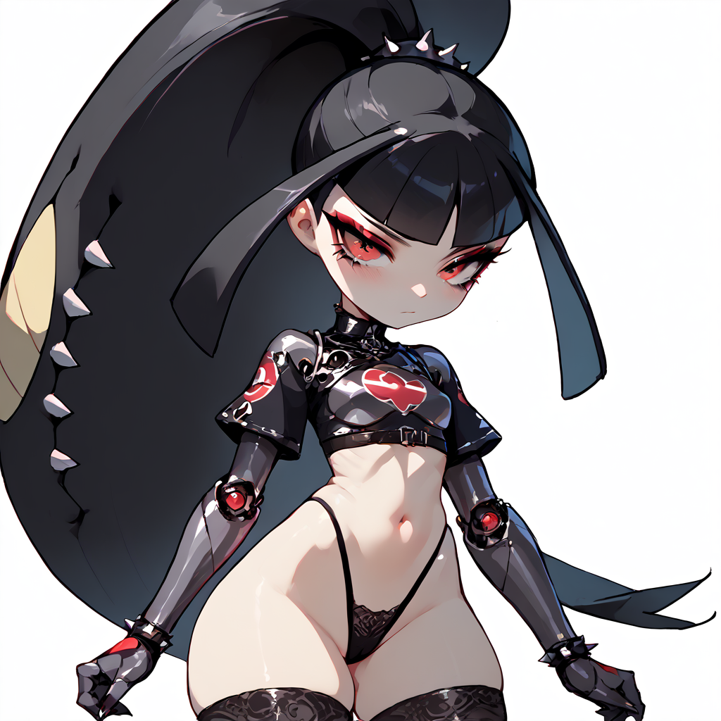 source_anime, 1girl, solo, pokemon, mawile, black hair, blunt bangs, ponytail, red eyes, shortstack, metallic eyeshadow, mascara, <lora:Mawile_v2:1> <lora:Expressive_H:0.8> ExpressiveH <lora:enhancerV4-pony:0.8> 1girl,, girl, <lora:gg3:0.8> Goth girl, Goth girl 1girl <lora:Highleg_Panties_-_PonyXL:1> highleg panties,, score_9,score_8_up,score_7_up,highres, masterpiece,