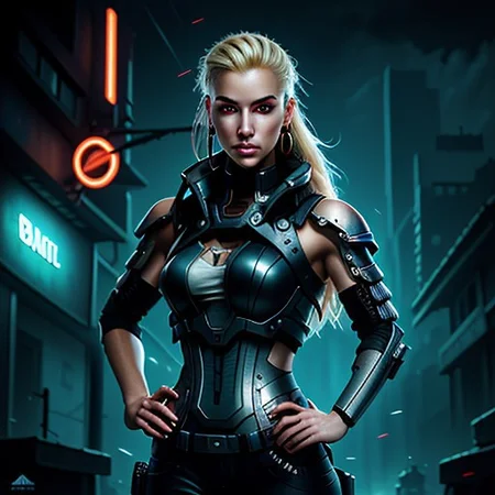 RAW photo, (masterpiece:1.3), subsurface scattering, heavy shadow, (high quality:1.4), (intricate, high detail:1.2), professional photography, HDR, High Dynamic Range, realistic, ultra realistic, photorealistic, high resolution, film photography, ambient lighting, atmospheric effects, OverallDetail:1.3,  1girl, symmetrical hair, armored shoulders, armored bodysuit, black pants, blonde hair, jacket, cyberpunk, cychar, earrings, eyelashes, hand on hip, holster, jacket, jewelry, lips, long hair, medium breasts, neon lights, metal eyes, outdoors, metal nails, ponytail science fiction, solo, tassel earrings, epiCPhoto