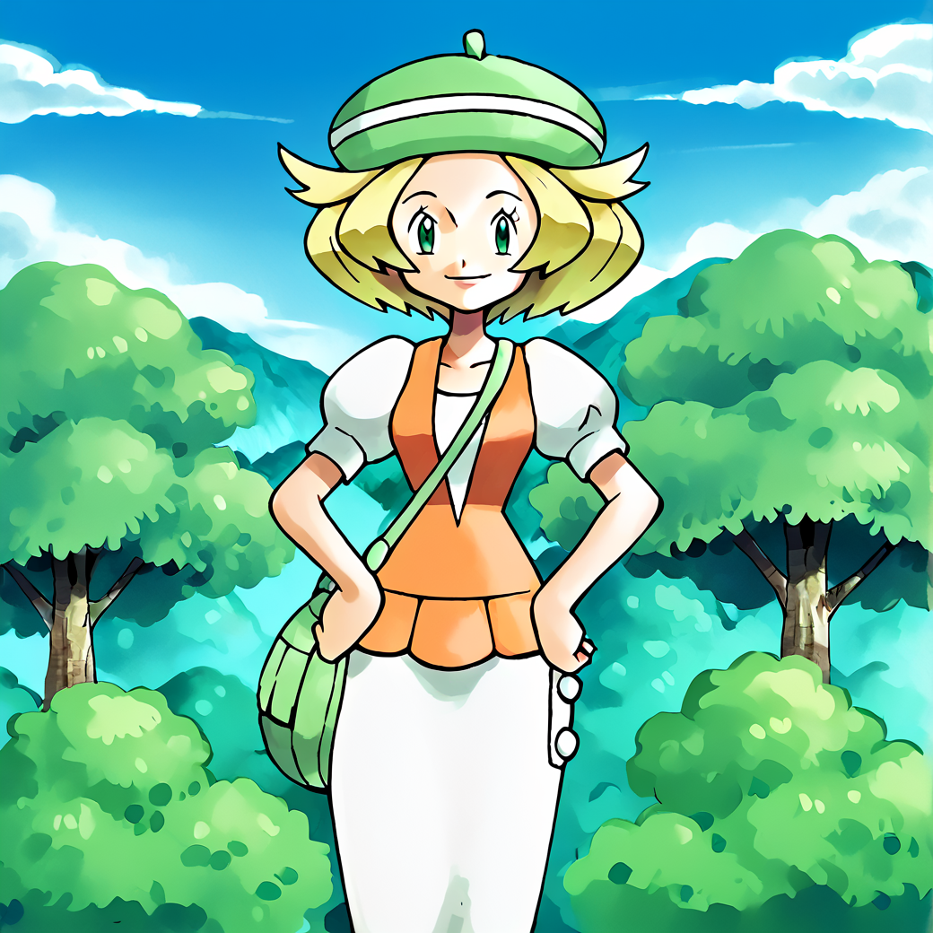 score_9, score_8_up, score_7_up, score_6_up, score_5_up, score_4_up,  <lora:Bianca_Pokemon_BW1:1>, <lora:KenSugimoriPony:0.8>, ken sugimori, watercolor \(medium\), bianca \(pokemon\), 1girl, solo, looking at viewer, smile, hat, dress, short sleeves, outdoors, sky, day, puffy sleeves, cloud, bag, tree, white skirt, nature, hands on hips, handbag, green headwear, green eyes, blonde hair, beret, puffy short sleeves, short hair