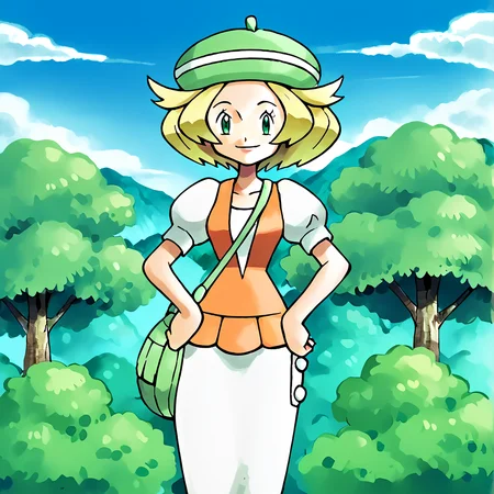 score_9, score_8_up, score_7_up, score_6_up, score_5_up, score_4_up, <lora:Bianca_Pokemon_BW1:1>, <lora:KenSugimoriPony:0.8>, ken sugimori, watercolor \(medium\), bianca \(pokemon\), 1girl, solo, looking at viewer, smile, hat, dress, short sleeves, outdoors, sky, day, puffy sleeves, cloud, bag, tree, white skirt, nature, hands on hips, handbag, green headwear, green eyes, blonde hair, beret, puffy short sleeves, short hair