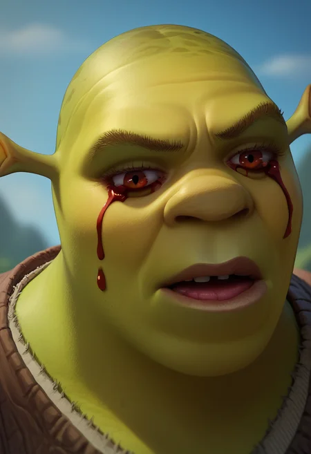 score_9, score_8_up, score_7_up, 1girl, bloody tears,  <lora:Bloody tears-000009:1>     <lora:Shrek_XLPD:1> shrek, green skin, close-up,