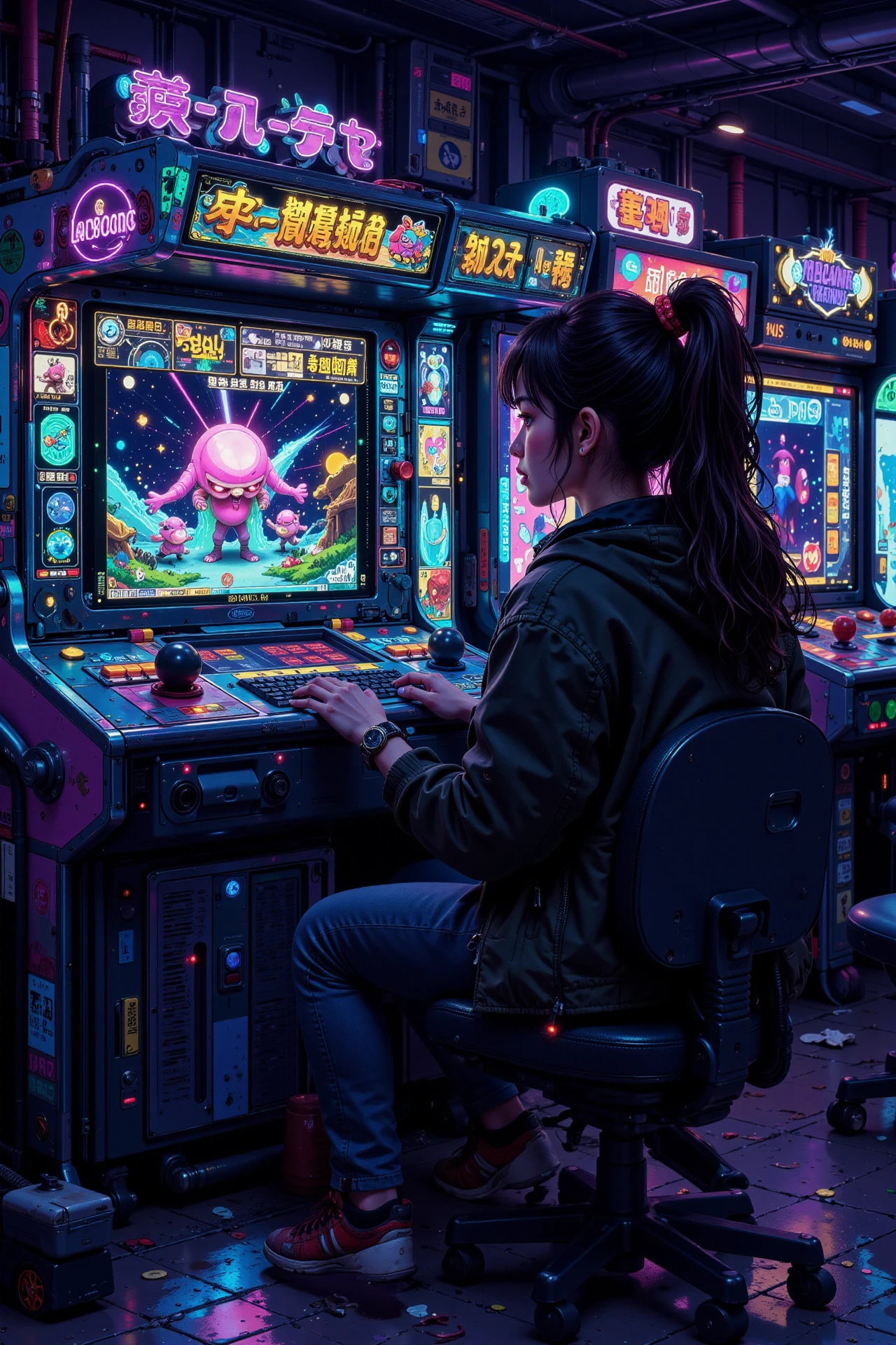 A person playing video games in an arcade, bright luminous night, woman, very intricate, very detailed, sharp, bright, colorful, <lora:Hand v2:0.5> <lora:Anti-Blur:1><lora:Insane Detail Slider:0.25>  <lora:flux.1_lora_flyway_Epic-detail_v2:0.3> <lora:fluxenhancer:0.25><lora:ck-Neon-Retrowave:0.4> ck-rw, in the style of ck-rw,  <lora:Neurocore Anime Cyberpunk:0.8> A digital artwork in the style of cknc
