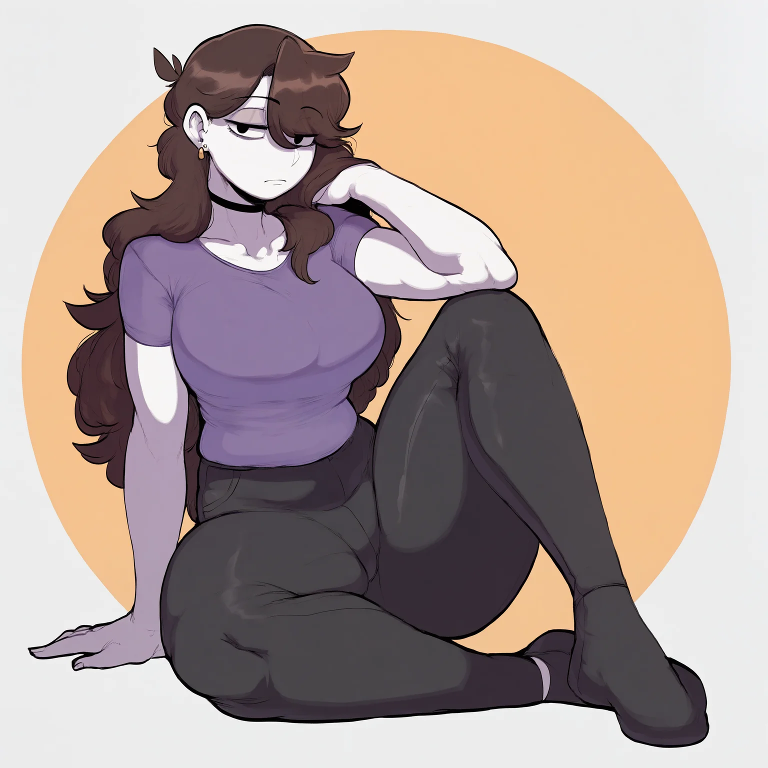 [by krekkov|by cervina7], (by nyantcha:0.5), 1girl, solo, jaiden animations, white skin, black eyes, brown hair, long hair, choker, earrings, purple shirt, black pants, expressionless, sitting, full body, pose, <lora:noobaivpred_jaidenanimations:1> masterpiece, best quality, high quality, absurdres, very awa,