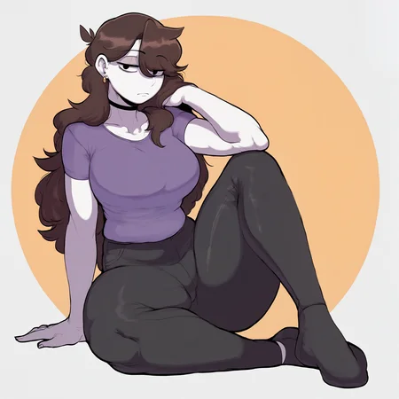 [by krekkov|by cervina7], (by nyantcha:0.5), 1girl, solo, jaiden animations, white skin, black eyes, brown hair, long hair, choker, earrings, purple shirt, black pants, expressionless, sitting, full body, pose, <lora:noobaivpred_jaidenanimations:1> masterpiece, best quality, high quality, absurdres, very awa,