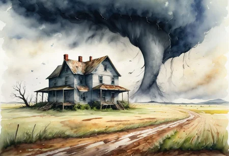 a Watercolor illustration of a Lone surviving house in an empty field about to get hit by a huge tornado of epic proportion,cinematic,masterwork