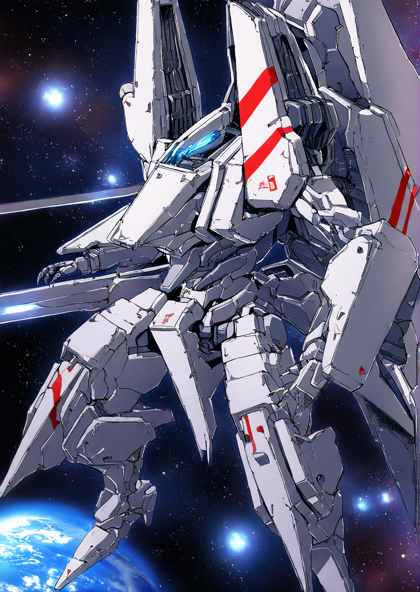 mecha,science fiction,no humans,glowing,retro artstyle,space,star \(sky\),planet,earth \(planet\),space craft,starry sky,weapon,milky way,masterpiece, best quality, very aesthetic, absurdres,,  <lora:sidonia morito-NAI:0.8>