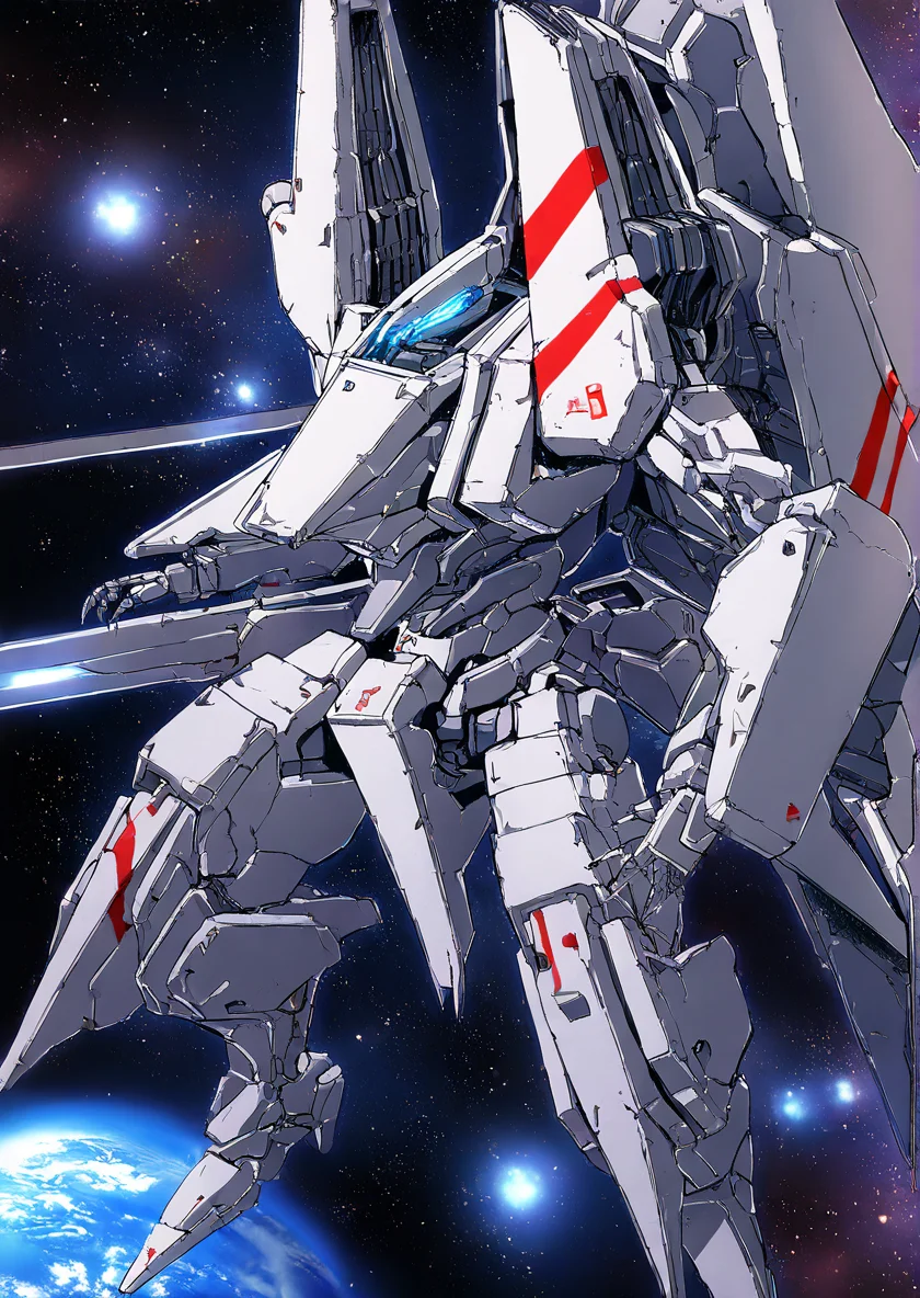 mecha,science fiction,no humans,glowing,retro artstyle,space,star \(sky\),planet,earth \(planet\),space craft,starry sky,weapon,milky way,masterpiece, best quality, very aesthetic, absurdres,, <lora:sidonia morito-NAI:0.8>