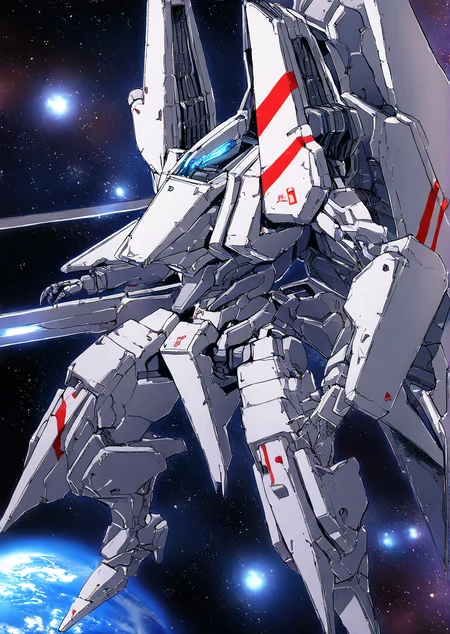 mecha,science fiction,no humans,glowing,retro artstyle,space,star \(sky\),planet,earth \(planet\),space craft,starry sky,weapon,milky way,masterpiece, best quality, very aesthetic, absurdres,, <lora:sidonia morito-NAI:0.8>