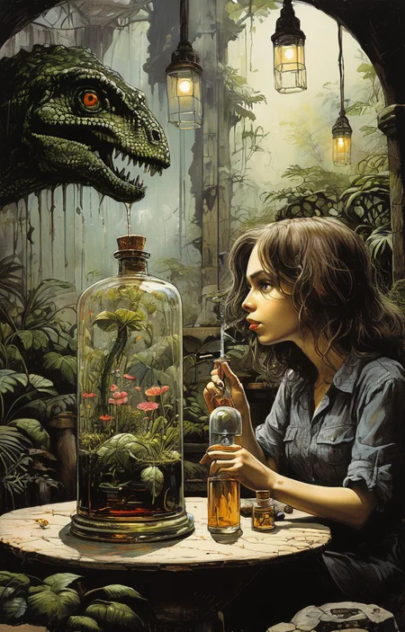 masterpiece,best quality,<lora:tbh275-sdxl:0.9>,illustration,style of William Stout,jurassic park, A bottle of perfume in garden