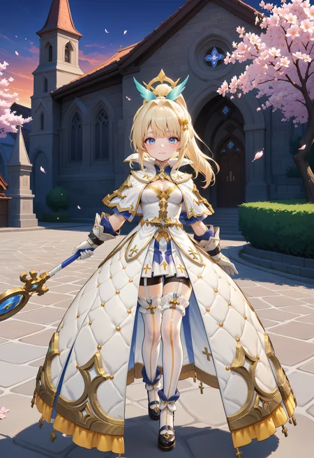 masterpiece, best quality, very aesthetic, absurdres, rom_saint_xl,
1girl, blonde hair, ponytail, hair ornament, blue eyes, light smile,
standing, full body, looking at viewer, one hand holding staff, outdoors, church, cherry blossoms, sunrise, falling petals, light rays, tyndall effect, vivid colors, tranquil and magical atmosphere,
shiny skin, beautiful face, beautiful eyes, extreme detailed, official art, professional illustration, hires,
<lora:rom_saint_pony_xl:1>, <lora:aesthetic_anime_v1s:0.5>, <lora:add_details_xl:0.5>