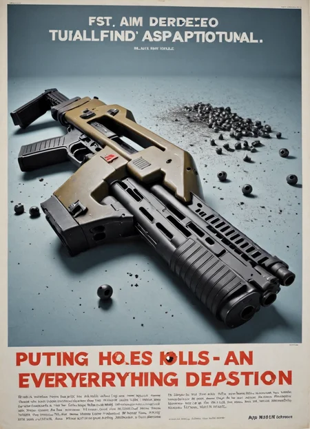 a m41apls rifle advertisement poster, iconic, abstract, flashy, text "Putting holes in Everything", bullet holes, massive destruction,
<lora:Armat_M41A_Pulse_Rifle_-_Aliens_SDXL:1>