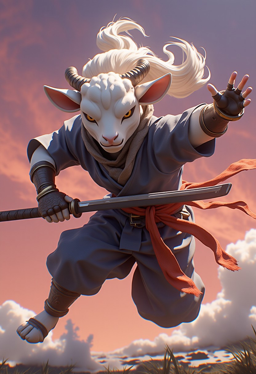 anthropomorphic Lamb ninja warrior leaping about wielding hi samurai sword.