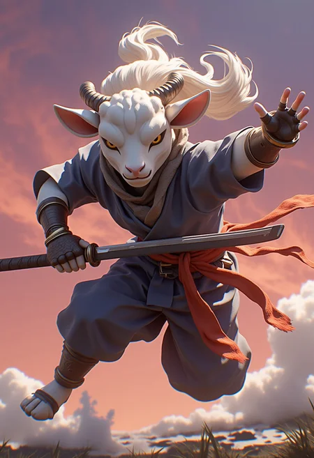 anthropomorphic Lamb ninja warrior leaping about wielding hi samurai sword.
