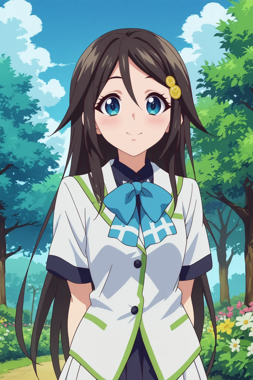 reina izumi,1girl,solo,smile,long hair,hair ornament,looking at viewer,school uniform,bow,hairclip,skirt,hair_between_eyes,blush,arms_behind_back,cowboy_shot BREAK outdoors,forest,tree,blue sky,flower <lora:Reina_Izumi_-_Musaigen_no_Phantom_World.safetensors:0.8>