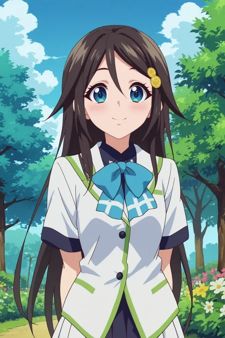 reina izumi,1girl,solo,smile,long hair,hair ornament,looking at viewer,school uniform,bow,hairclip,skirt,hair_between_eyes,blush,arms_behind_back,cowboy_shot BREAK outdoors,forest,tree,blue sky,flower <lora:Reina_Izumi_-_Musaigen_no_Phantom_World.safetensors:0.8>