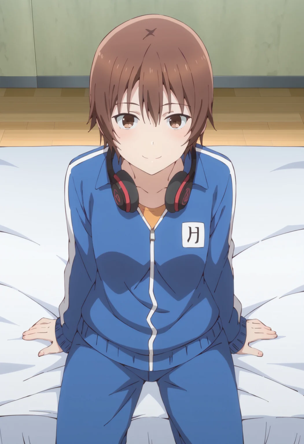score_9, score_8_up, score_7_up, source_anime,
BREAK,
<lora:ninomae_kanade_ponyXL_v1:1> ninomae kanade, brown hair, short hair, brown eyes, 1girl, solo, headphones around neck, track jacket, pants, looking at viewer, indoors, sitting, bed, smile,