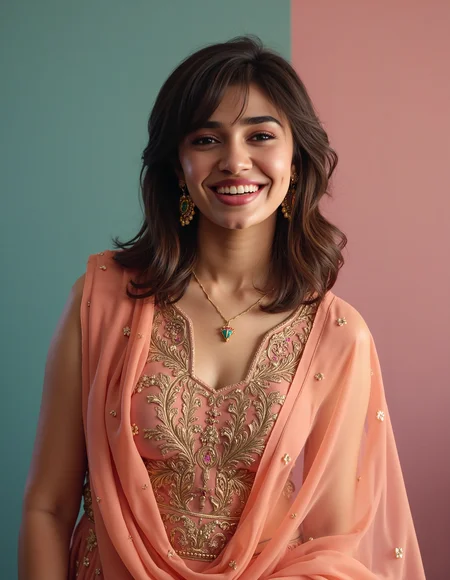 cowboy shot photo of kr1t1 sh3tty woman, hyper realistic photo that is safe for work, laughing, studio quality image with natural colors, well dressed wearing intricate sleeveless Apricot Phulkari Suit, hair styled as straight hair,muted pastel shaded multicolored background that contrasts with the person, cinematic lighting,âââââ <lora:kr1t1_sh3tty_Kriti_Shetty_Flux_Kohya_V1:1>âââ