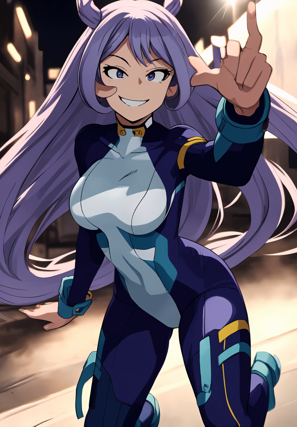 <lora:nejire_hado:0.8>, nejire_hado, (masterpiece, best quality,perfect lighting), 1girl, solo, smirk,  action pose, bodysuit,