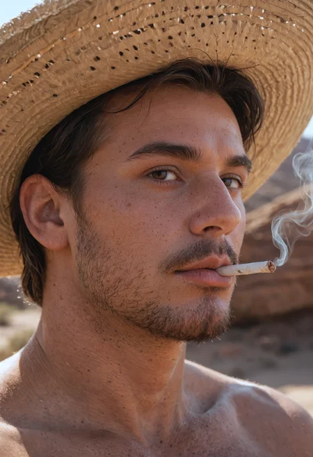 score_9, score_8_up, score_7_up, masterpiece, best quality, ultra-detailed, realistic, RAW photo style, close-up portrait, weathered cowboy, rugged man, smoking, large sombrero, shadow on face, tan skin, sweaty skin and mustache, textured brown poncho, warm sunset lighting, desert background, dusty western landscape, bold cinematic mood, 1980s film style, subtle film grain, natural light, intense visual tone