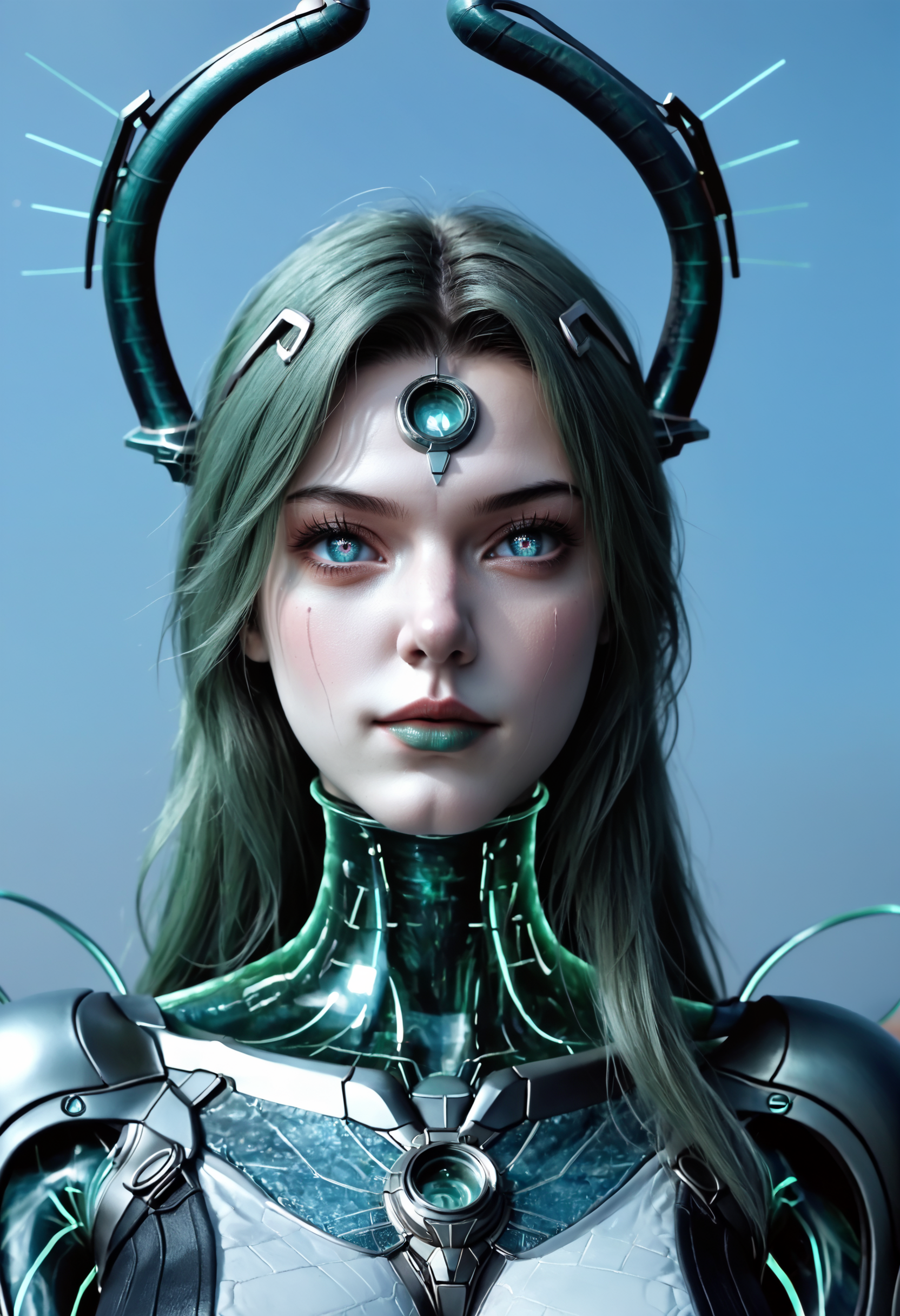 Masterpiece, best quality, amazing quality, very aesthetic, high resolution, ultra-detailed, absurdres, HDR, cinematic lighting, highres, newest, 
PoYu, snake woman, cyborg lamia, futuristic snake-themed character, biomechanical hybrid, snake tail lower body, green hair, 1girl, solo, lips, long hair, smile, makeup, cyborg, lipstick, metallic body parts, teal glowing eyes, forehead jewel, cyberpunk aesthetic, techno-organic design, snake horns, glowing teal highlights, holographic elements, dutch_angle,