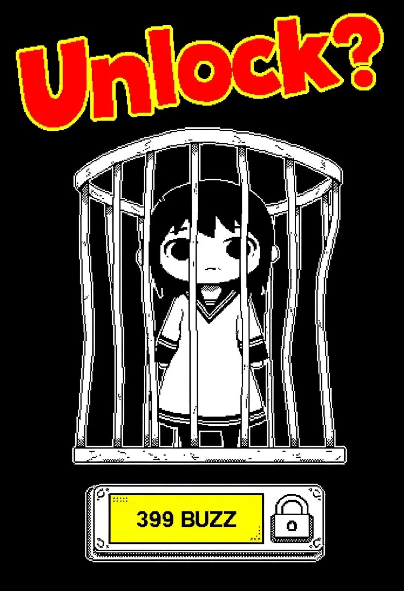 aidmatextimprover, Black and white pixel art dithered retro image, retro horror video game,
cute kawaii anime girl trapped in the metal cage,
ui button with lock symbol and yellow text: "399 BUZZ",
large red dynamic yellow text: "Unlock?"