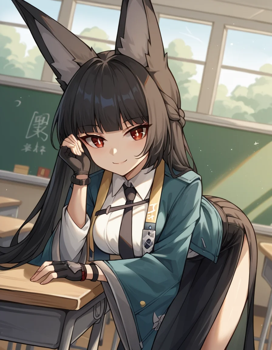 score_9, score_8_up, score_7_up, source_anime, miyabihoshimi, <lora:miyabi-hoshimi-ponyxl-lora-nochekaiser:1>, miyabi hoshimi,animal ear fluff, animal ears, black hair, bright pupils, fox ears, fox girl, half updo, long hair, red eyes, sidelocks, white pupils,, asymmetrical gloves, black gloves, black necktie, black skirt, blue jacket, collared shirt, fingerless gloves, gloves, high-waist skirt, jacket, long skirt, necktie, shirt, side slit, single fingerless glove, skirt, white shirt, wide sleeves,, indoors, classroom, bent over, smile, looking at viewer, solo, cowboy shot, dutch angle
