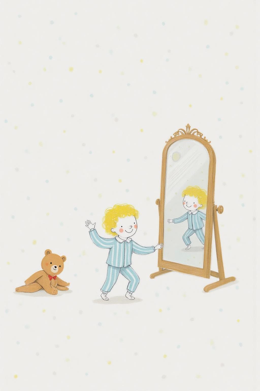 al1ca Illustration. 
qub1. A boy with short, curly blonde hair, dressed in light blue pajamas with vertical stripes, engaging in a playful dance in front of a full-length mirror. On the left is a teddy bear lying on the floor..  <lora:al1ca1_cap_d6a3e11:1.0><lora:828092621487343153:0>