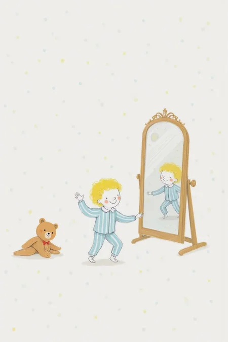 al1ca Illustration. 
qub1. A boy with short, curly blonde hair, dressed in light blue pajamas with vertical stripes, engaging in a playful dance in front of a full-length mirror. On the left is a teddy bear lying on the floor..  <lora:al1ca1_cap_d6a3e11:1.0><lora:828092621487343153:0>