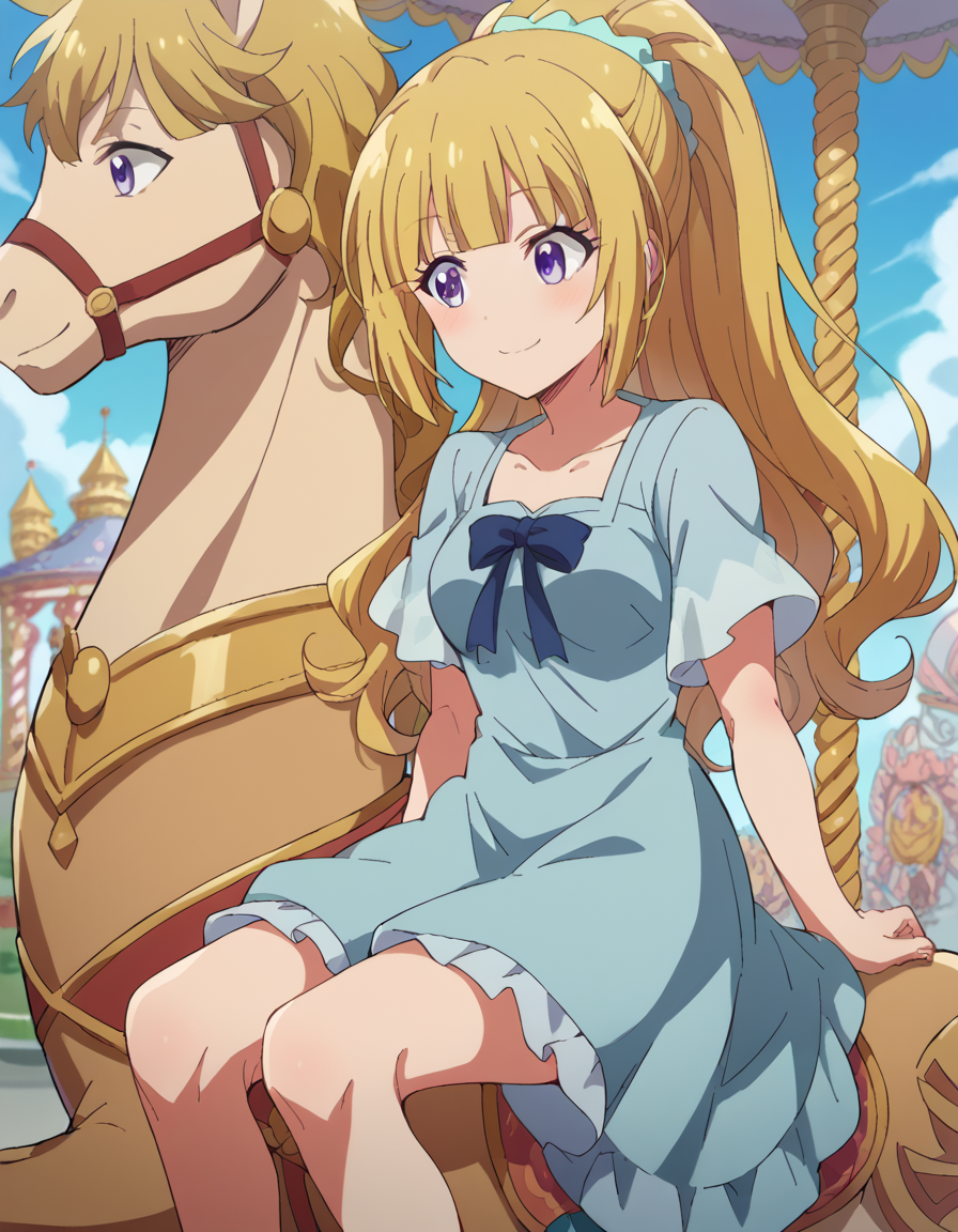 score_9, score_8_up, score_7_up, source_anime, <lora:kei-karuizawa-anime-s2-ponyxl-lora-nochekaiser:1>, kei karuizawa, long hair, bangs, blunt bangs, purple eyes, blonde hair, hair ornament, ponytail, scrunchie, blue scrunchie, medium breasts,, <lora:carousel-ponyxl-lora-nochekaiser:1>, carousel, sitting, riding,, blush, smile, casual dress, solo,,